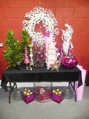 Lot 1040 - Decorations including, White glitter tree, two pink tulip vases, large glass vases, two pink...