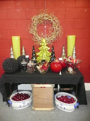 Lot 1041 - Decorations including two blue and white ceramic foot baths, faux apples, box of red Christmas...