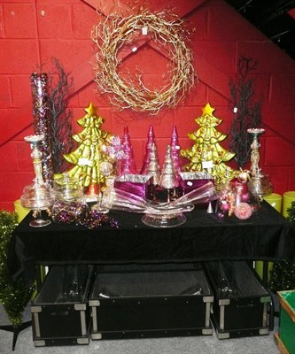 Lot 1043 - Decorations including, Glass cheese dishes, gold wreath, two small black trees, four triple...