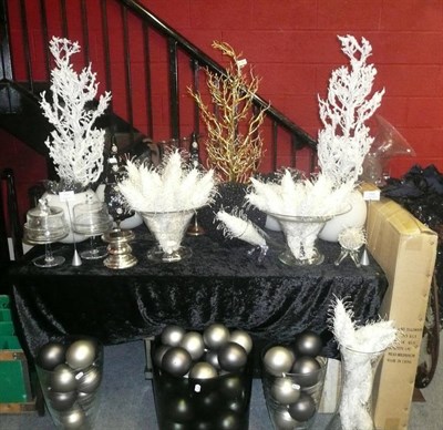 Lot 1044 - Decorations including, black glass trees, two small white trees, small gold tree, two pairs of...