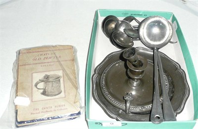 Lot 9 - Quantity of pewter spoons, a chamberstick, etc