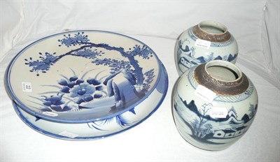 Lot 22 - Two blue and white ginger jars and two chargers