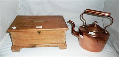 Lot 27 - Pine box with brass label 'J Harris' and a copper kettle