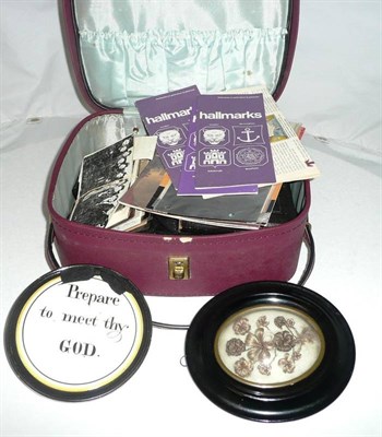 Lot 28 - Suitcase including pottery circular plaque 'Prepare to meet thy God', memorium cards (loose and...
