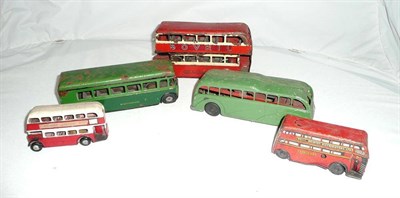 Lot 34 - Five tinplate buses/coaches by Mettoy, Triang and Brimtoys