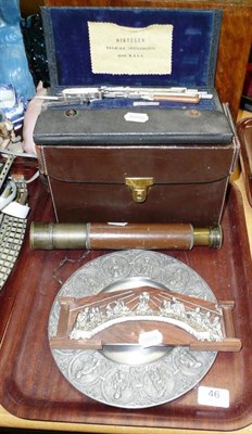 Lot 46 - A telescope, cased drawing instrument set, etc