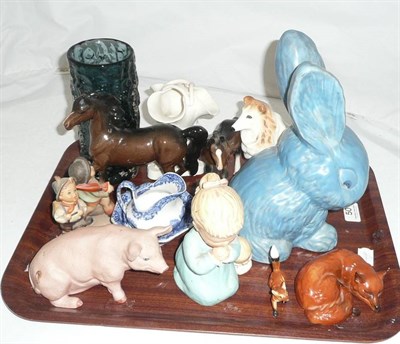 Lot 50 - Tray including Beswick sleeping fox, bay horses, Hummel figures, large blue glaze rabbit and...