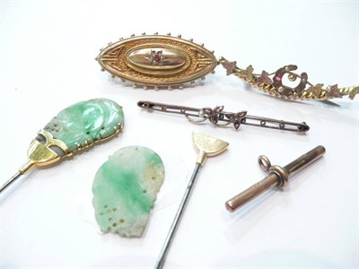 Lot 86 - Jade-set pins, Victorian brooches and a t-bar (a.f.)