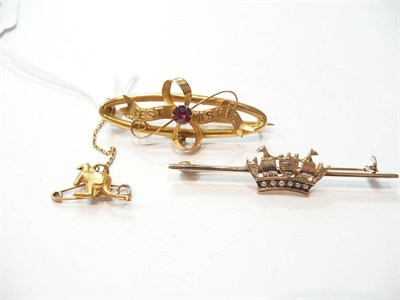 Lot 90 - A 'Best Wishes' bar brooch and a coronet bar brooch