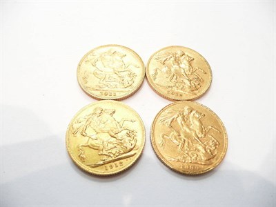 Lot 98 - Four gold sovereigns, two 1912, 1890, 1911 (4)