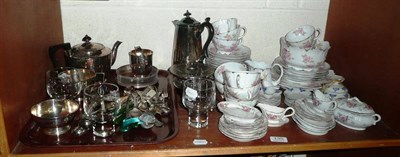 Lot 135 - Floral decorated tea set, various plated flatware, tea set, coasters and miniature teawares