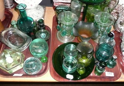 Lot 144 - Assorted 19th century and later green glassware on two trays