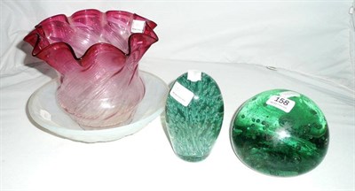 Lot 158 - Two green glass dumps, an opalescent glass moulded bowl and cranberry glass shade