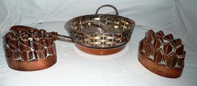 Lot 161 - Copper based saucepan, two copper jelly moulds and a plated two handled woven basket