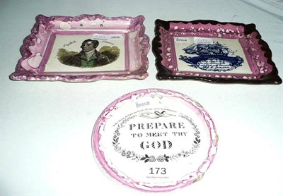 Lot 173 - Pink lustre circular plaque 'Prepare to meet thy God', two rectangular pink lustre plaques...