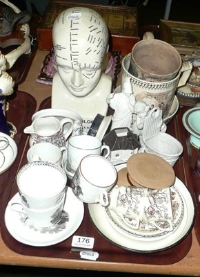 Lot 176 - Tray of assorted pottery, 'Pickwick' mug, reproduction Phrenologists head, teawares etc