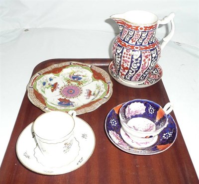 Lot 179 - Worcester 'Queen Charlotte' pattern jug and saucer (af), Chamberlains Worcester plate, a cup...