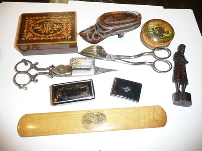 Lot 205 - Assorted treen, mauchline bookmark and two wick trimmers etc