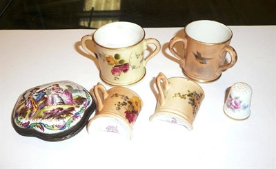 Lot 220 - Royal Worcester miniature tyg, small two handled Worcester cup, enamel pill box cover, etc