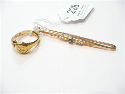 Lot 228 - Two gold signet rings, a sapphire and pearl bar brooch