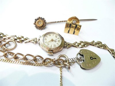 Lot 245 - A 9ct gold fancy link chain, a stick pin, a 9ct gold watch, a chain etc.