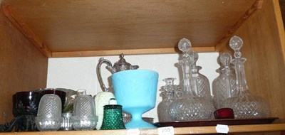 Lot 255 - Shelf including plated gallery tray, plated wares, cut glass decanters, glassware, night light...