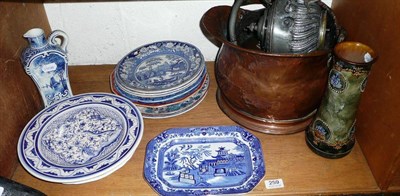 Lot 259 - A Doulton Lambeth stoneware vase, a copper coal scuttle, a kettle, a plated tea kettle, blue...