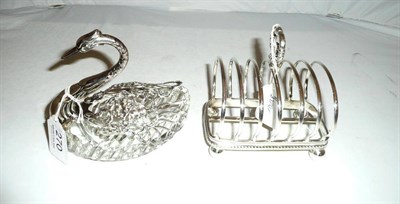 Lot 270 - Silver toast rack and a cut glass swan bon bon dish with silver mounts (2)