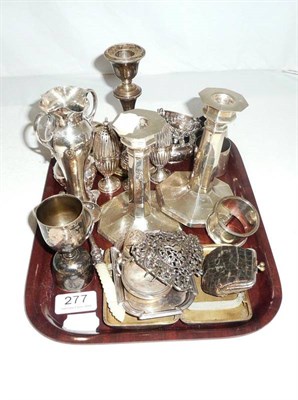 Lot 277 - A pair of engine turned silver candlesticks, silver spill vase, napkin rings, plated items etc