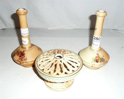 Lot 280 - Pair of Royal Worcester small bottle vases and small pot pourri vase and cover (3)