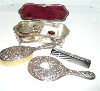 Lot 283 - Silver backed hand mirror, comb and hairbrush, two silver napkin rings, continental powder compact