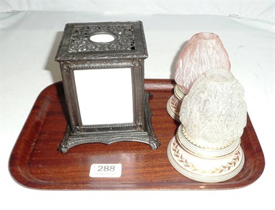 Lot 288 - Two night lights on pottery bases with flame effect glass tops, and a Lithophane night light holder