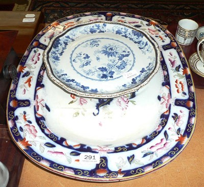 Lot 291 - Victorian pottery meat well dish and a stone china blue and white pedestal dish (2)