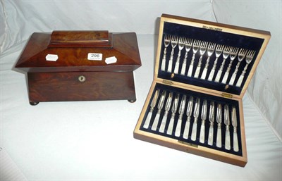 Lot 296 - Mahogany two division tea caddy and mahogany case including plated dessert knives and forks (2)