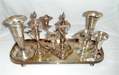 Lot 297 - Plated oval tray, pair plated candelabra, two pairs of silver spill vases and small silver bon...