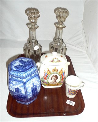 Lot 309 - Two Maling biscuit barrels, pair of decanters and a George IV mug