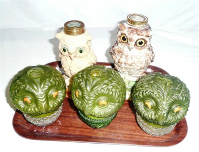 Lot 322 - English porcelain owl light, another similar and  three green glass owl night light holders etc