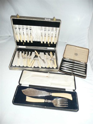 Lot 324 - A set of fish knives, fruit knives, a set of dessert knives and forks, cased