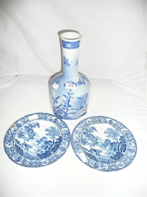 Lot 328 - Pair of pearlware blue and white plates with lion design (one a.f.) and a Japanese porcelain vase