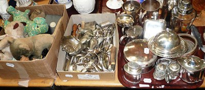 Lot 332 - A tray and two boxes of silver plate, soft toys, bear figures, place mats etc (3)