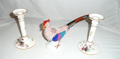 Lot 335 - Herend bird and a pair of Royal Worcester floral decorated candlesticks