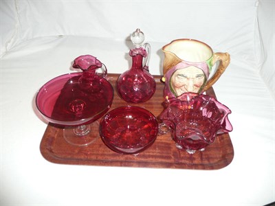 Lot 337 - Tray of assorted Victorian and later cranberry glass and a Royal Doulton figure 'Touchstone'