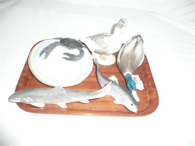 Lot 339 - Five Royal Copenhagen figures including crab dish, two fish and two ducks