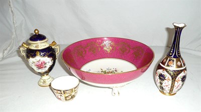 Lot 340 - Coalport floral decorated bowl, Royal Crown Derby vase and sugar bowl, Coalport vase and cover