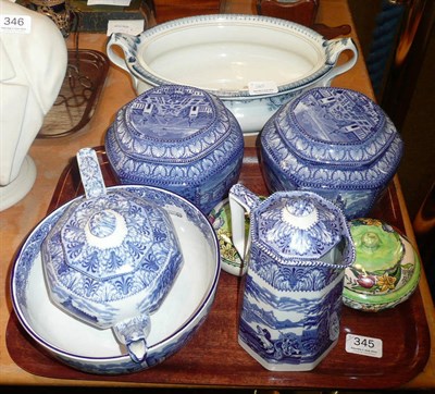 Lot 345 - Two Maling caddies with exhibition lids, two Maling powder bowls, blue and white, etc