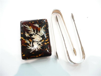 Lot 349 - Tortoiseshell cigarette case inlaid in silver with birds and butterflies and two pairs of sugar...