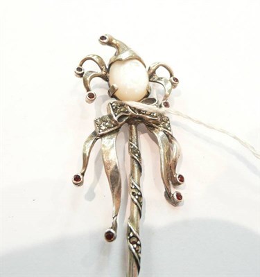 Lot 372 - Silver marcasite, mother-of-pearl and red stoned Jester brooch