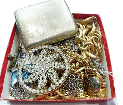 Lot 373 - A silver cigarette case, a paste buckle, a bracelet and necklet set, mother-of-pearl studs, cut...