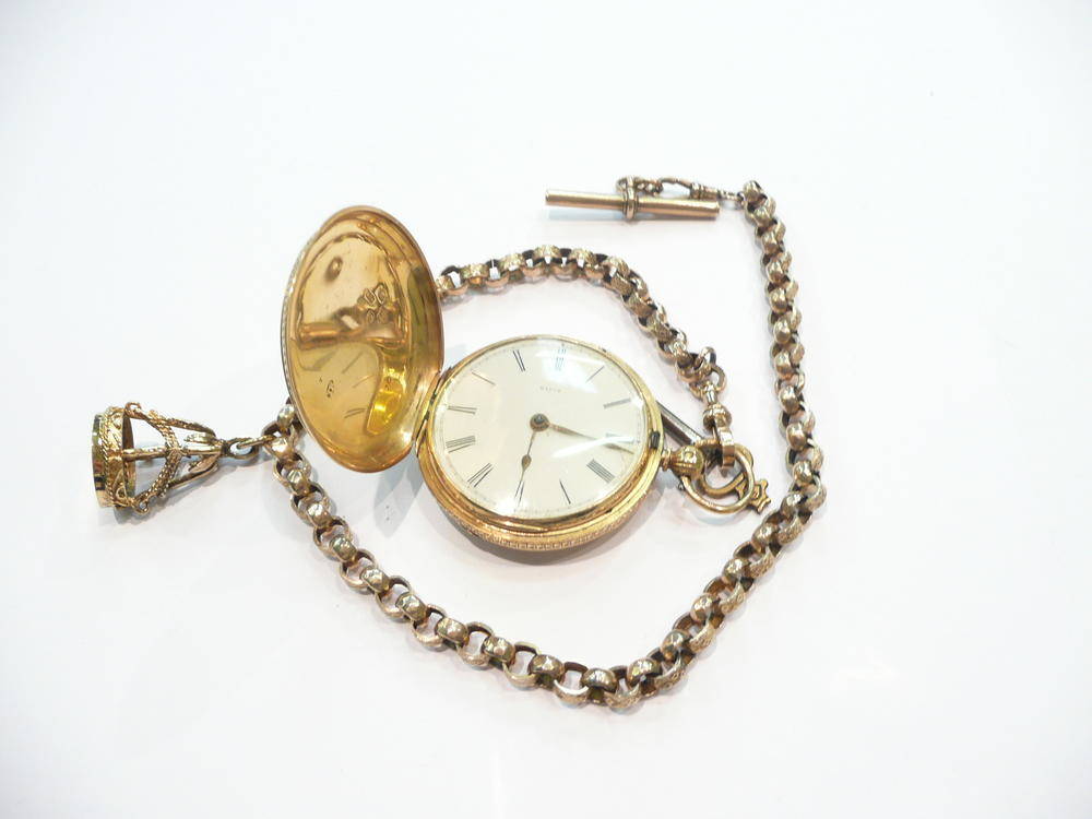 Lot 393 - 18ct gold cased full hunter pocket watch with a chain and fob