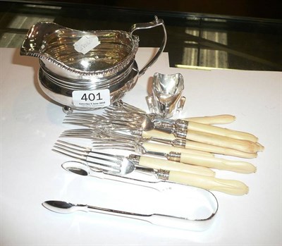 Lot 401 - Silver milk jug, set of ten silver forks with bone handles, pair of silver tongs and a...